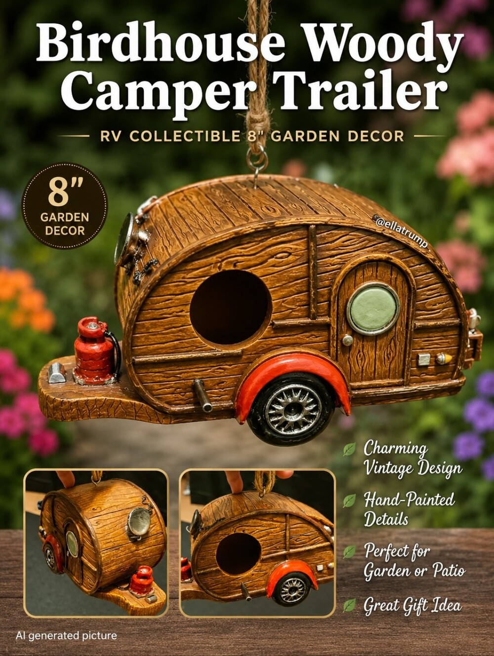 Birdhouse Woody Camper Trailer RV Collectible 8" Garden Decor